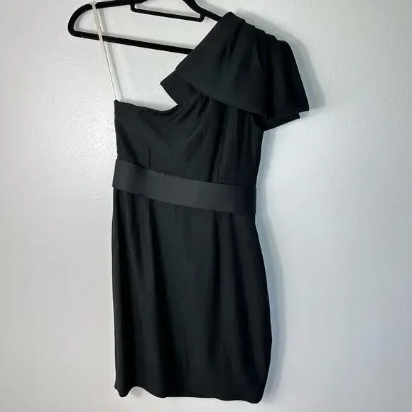 Marchesa Notte Dress One Shoulder Mini Bow Beaded Belted Cocktail LBD Black 4